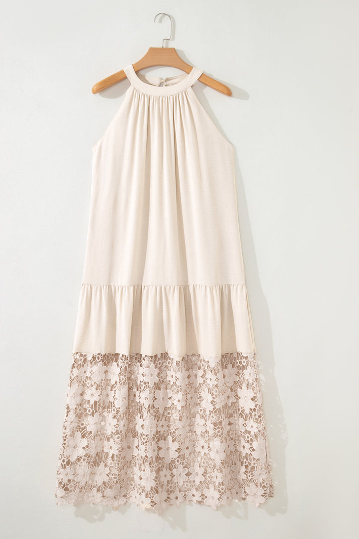 Beige Sheer Hollowed Floral Lace Hem Patchwork Loose Halter Summer Dress