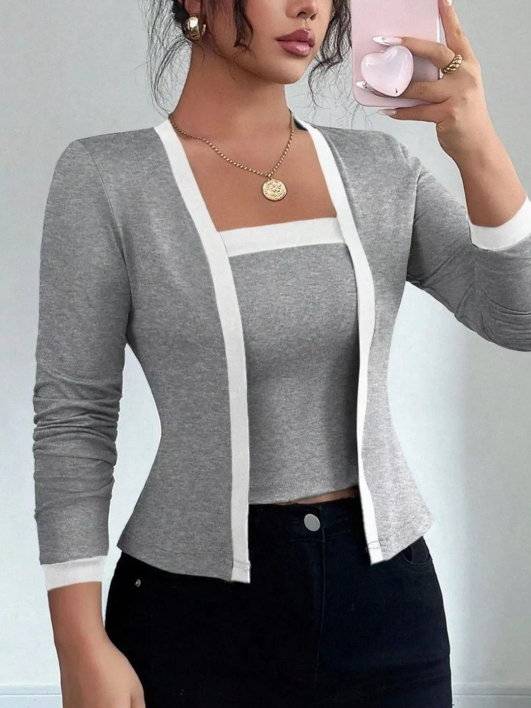 Contrast Trim Cardigan & Tank Top Set