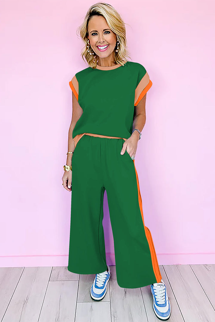 Dark Green Color Block Detail Casual Two-piece Set