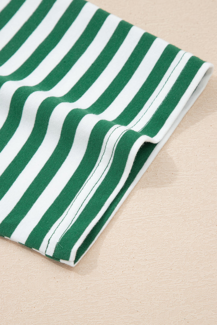 Green Stripe Drop Shoulder Boxy Casual Terry Short Set