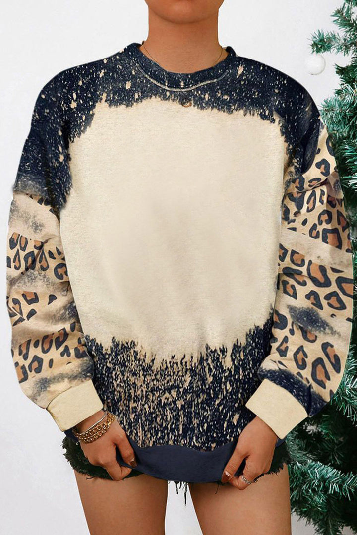 Sweat-shirt noir tie-dye à épaules tombantes et imprimé léopard
