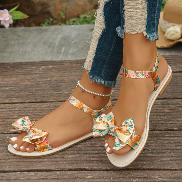 Floral Bowknot Ankle Strap Flat Sandals