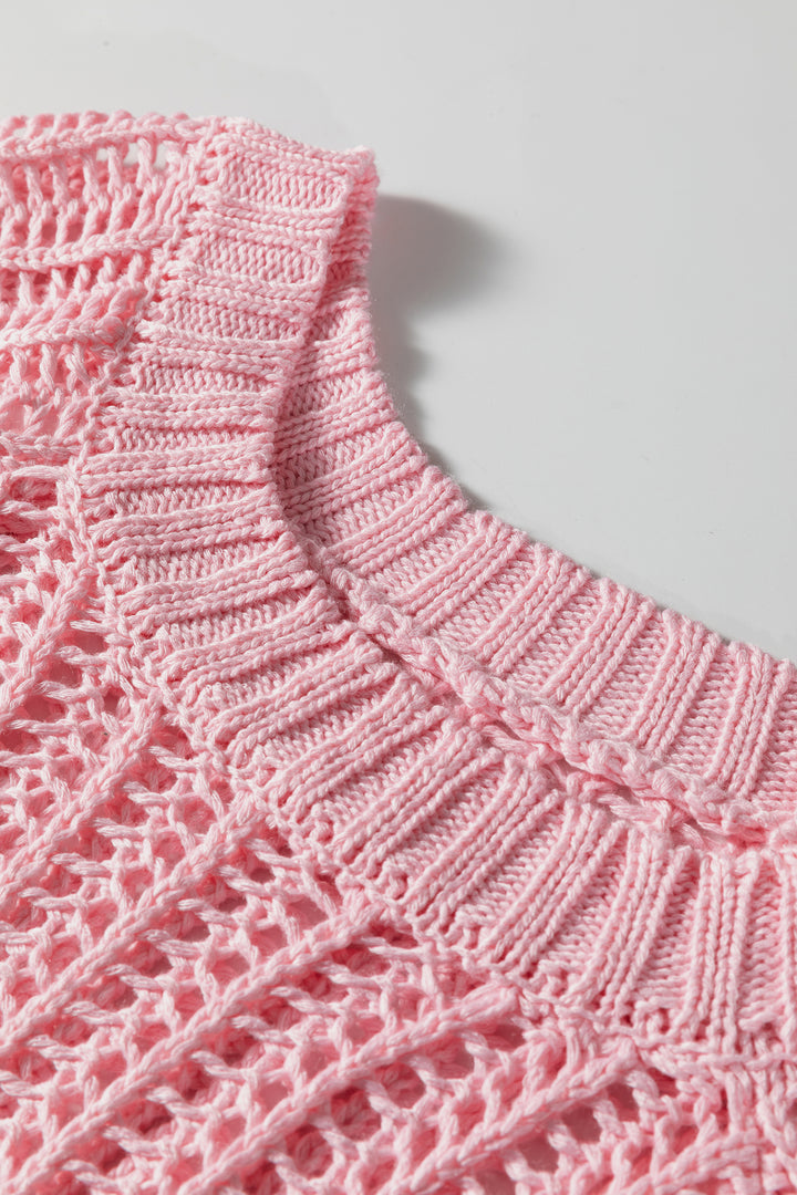 Pink Plus Size Open Knit Bow Tie Short Sleeve Sweater