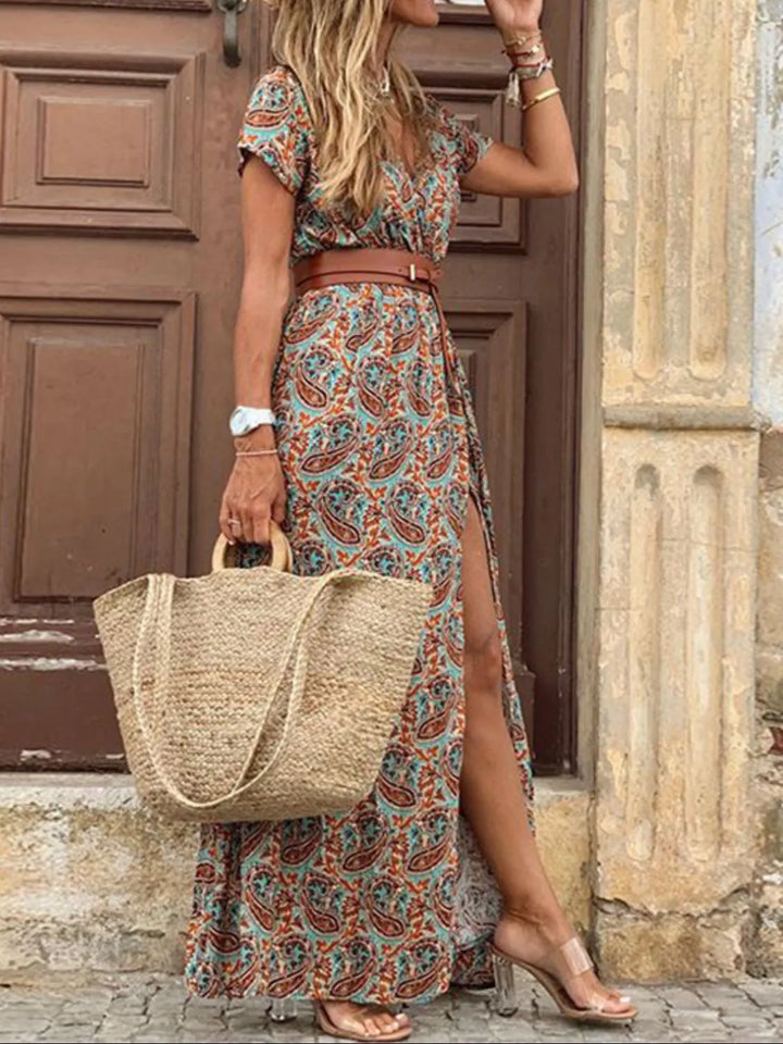 Full Size Printed V-Neck Short Sleeve Maxi Dress Plus Size