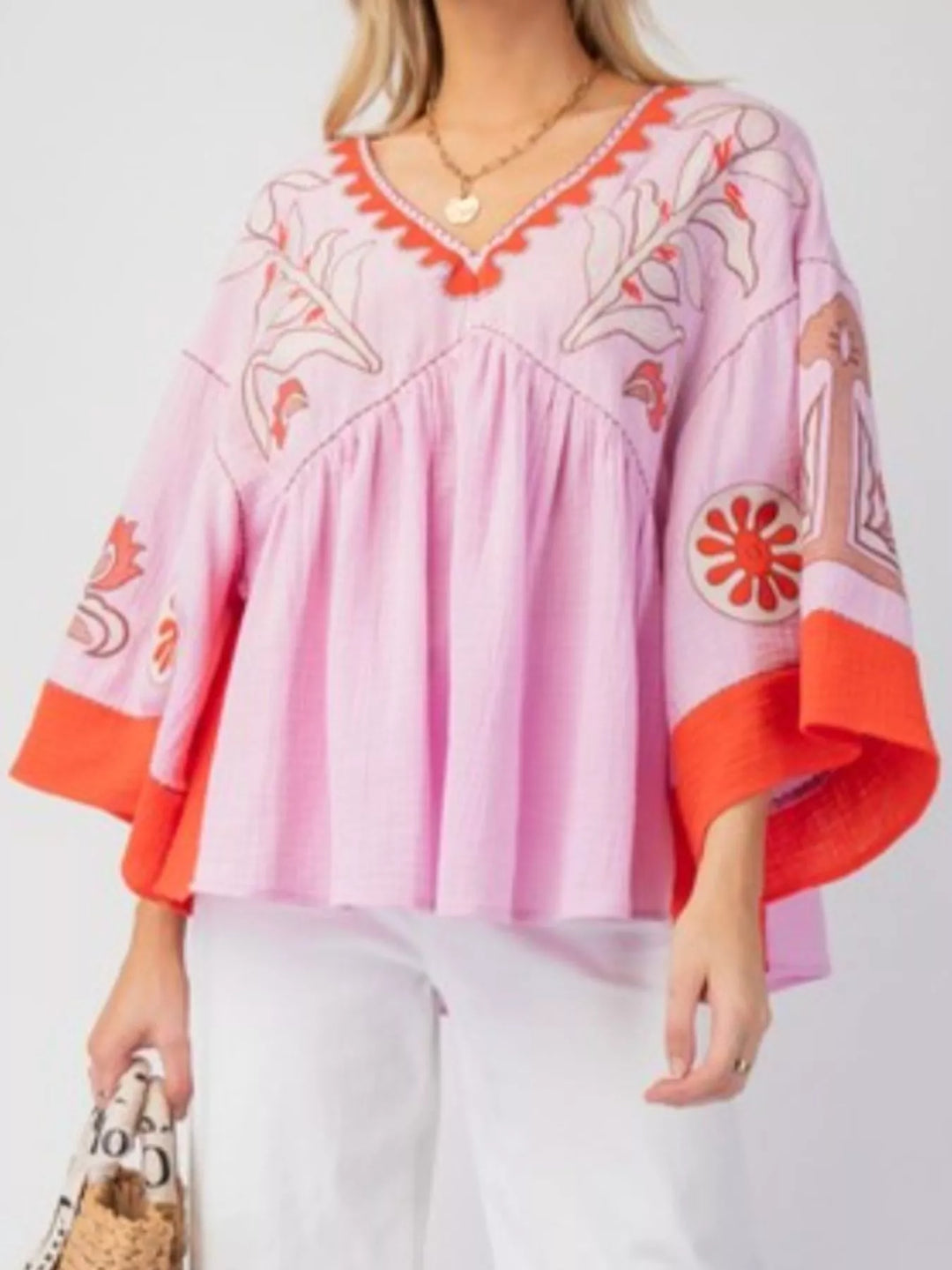 Printed V-Neck Top with Contrast Trim Details