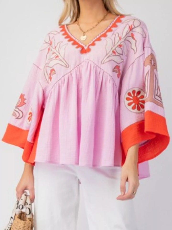Printed V-Neck Top with Contrast Trim Details