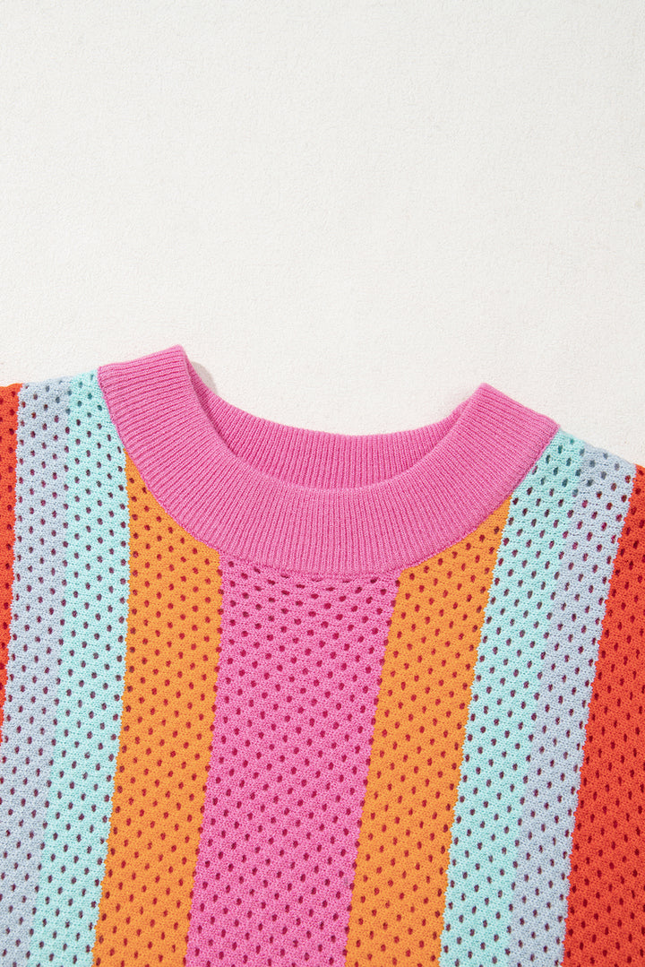 Orange Color Block Eyelet Casual Sweater T Shirt