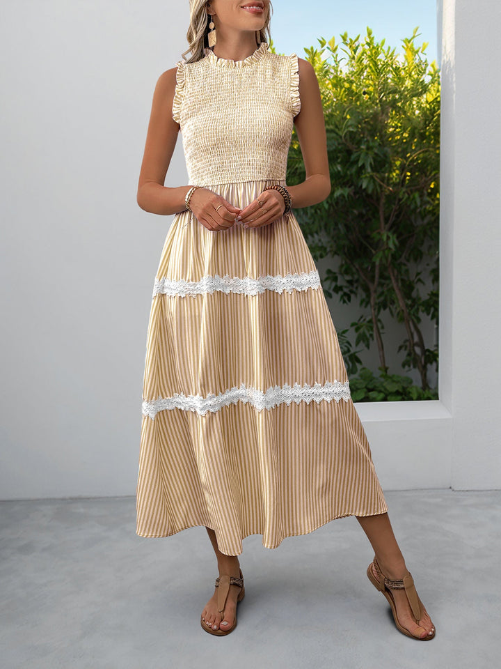 Striped Smocked Sleeveless Tiered Midi Dress