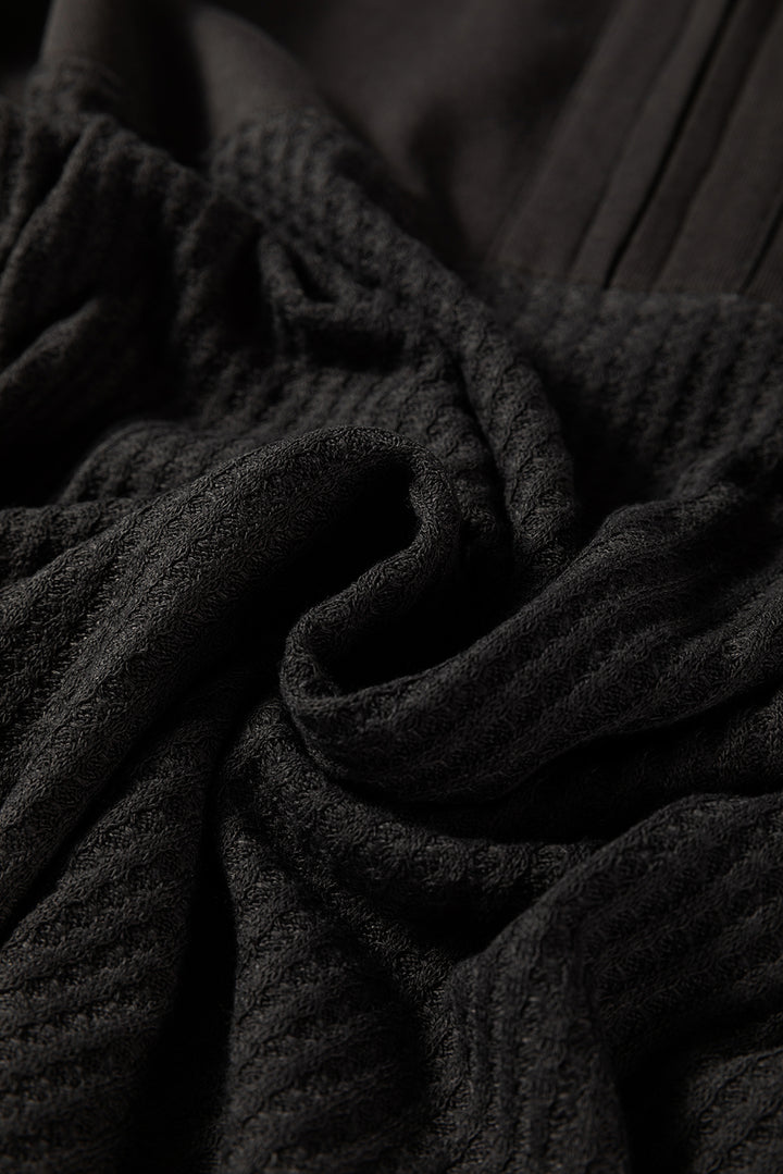 Carbon Grey Waffle Knit Patchwork Half Zipped Casual Sweatshirt