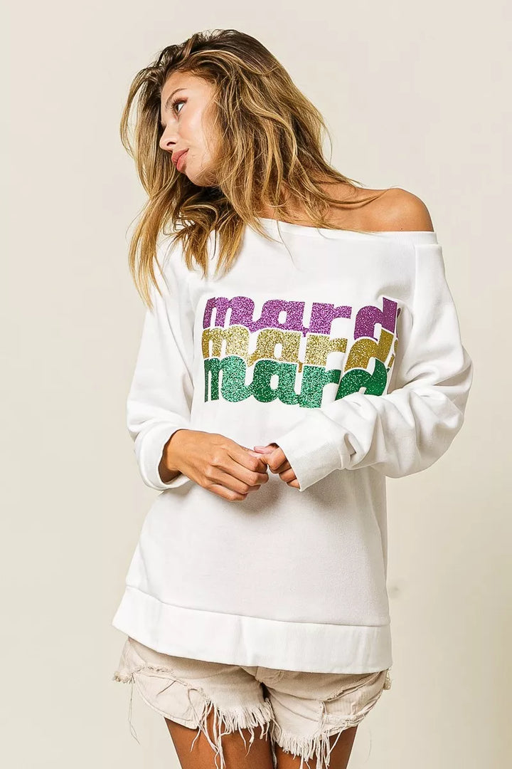 BiBi Mardi Gras Glitter Lettering Sweatshirt