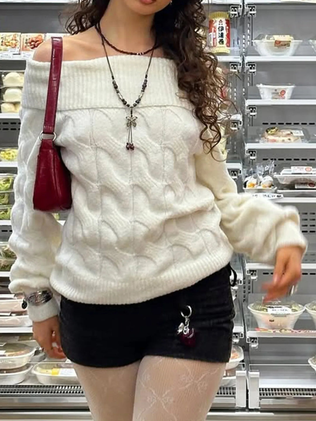 Cable Knit Off-Shoulder Sweater