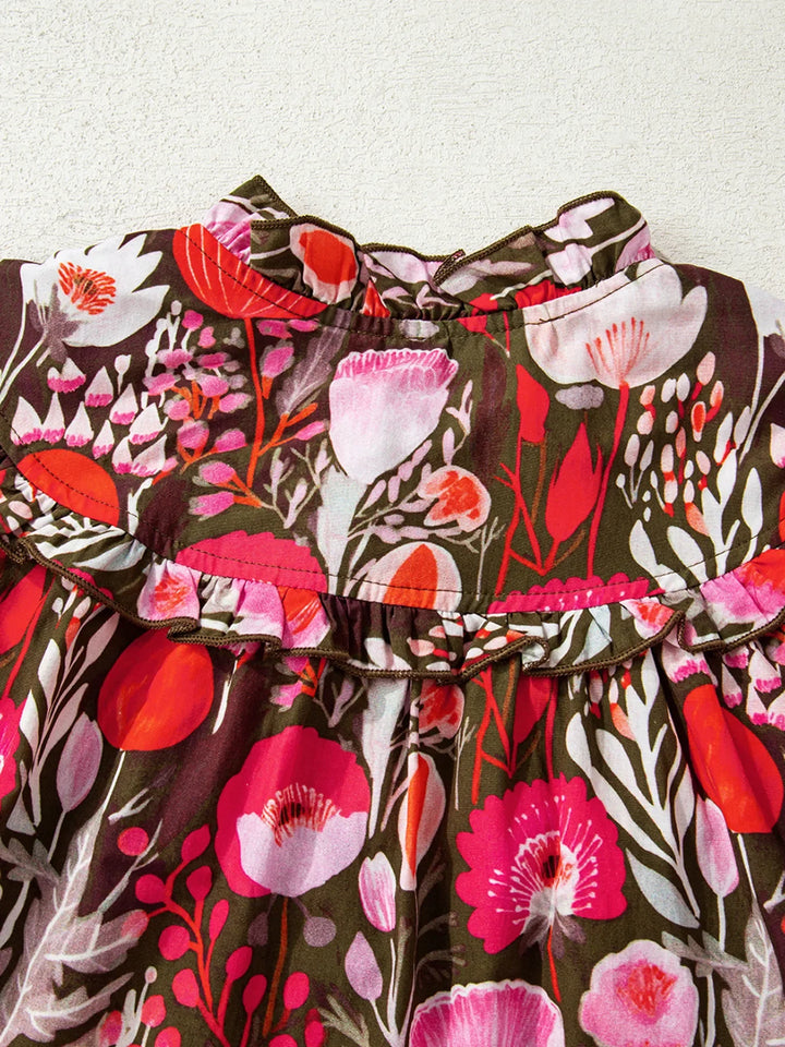 Floral Balloon Sleeve Tie Neck Blouse