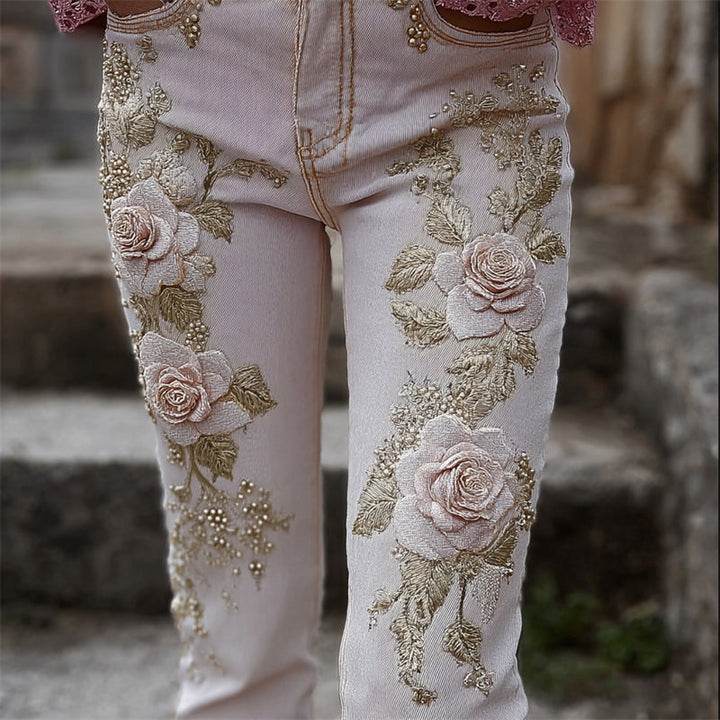 Womens Denim Jeans  Womens Trousers With Colorful 3D Floral Prints