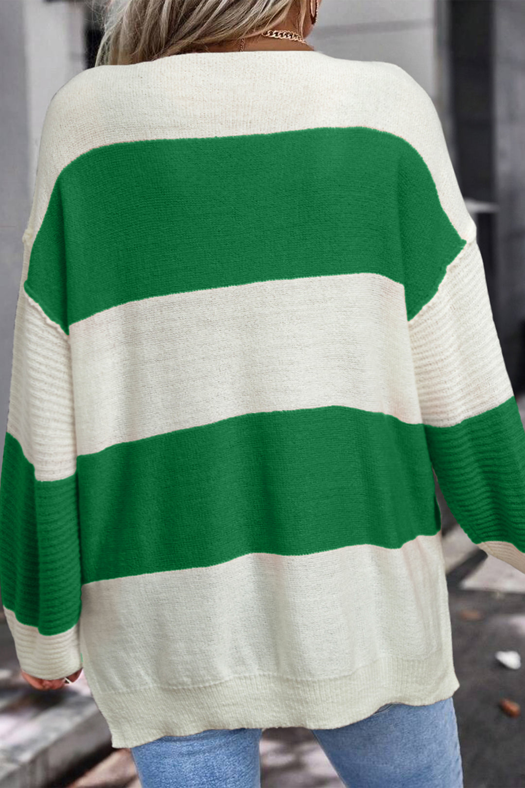 Green Stripe Loose Color Block Drop Shoulder Bubble Sleeve Sweater