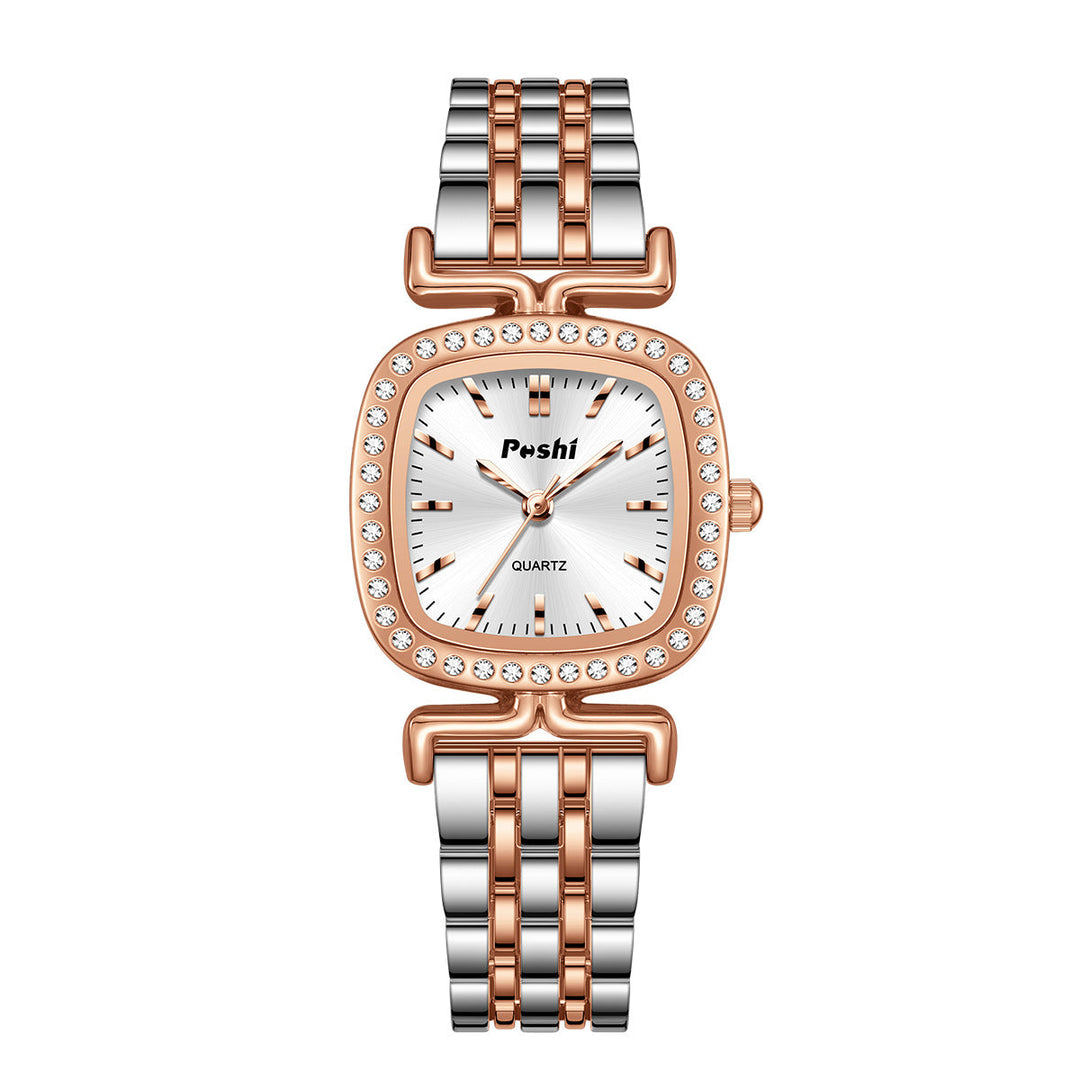 Diamond-encrusted Dial Oval-shaped Steel Bracelet Quartz Womens Watch