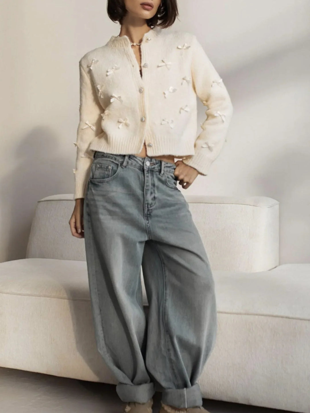 Bow Button Up Long Sleeve Cardigan