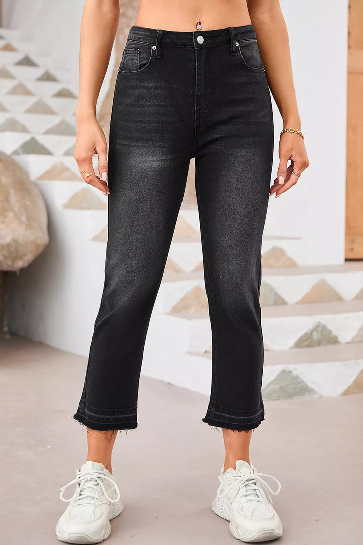 High-Waisted Distressed Hem Straight Leg Jeans