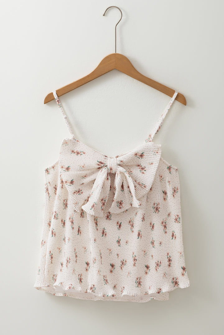 Débardeur blanc à bretelles spaghetti et gros nœud dans le dos, motif floral plissé