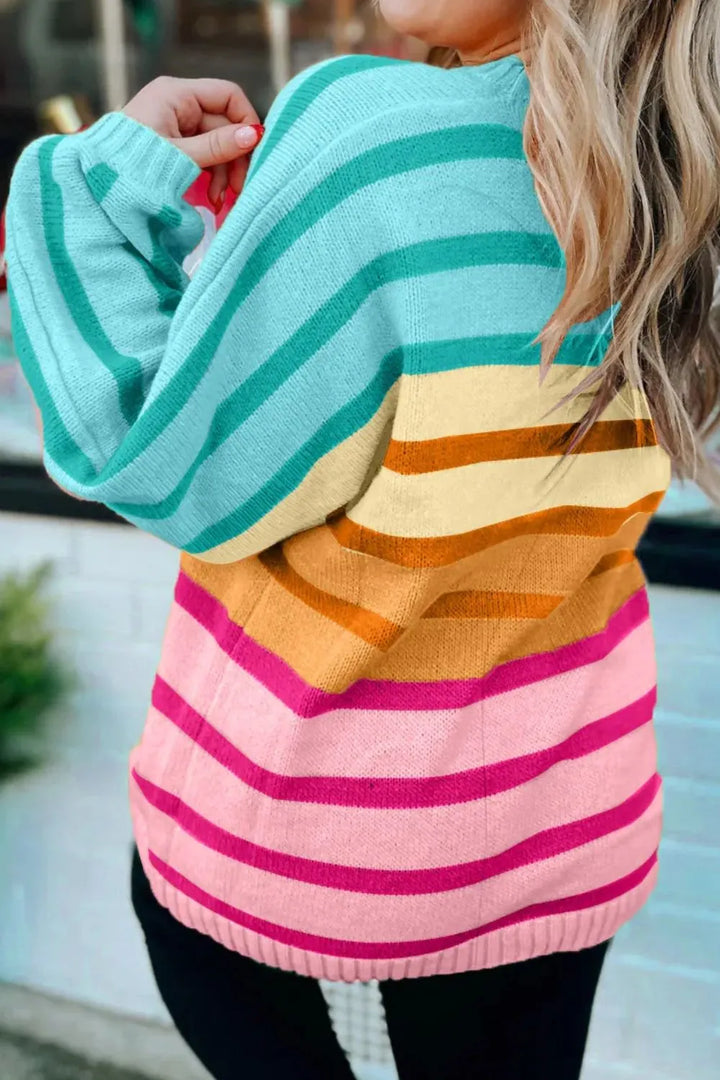 Contrast Striped Round Neck Long Sleeve Knit Top