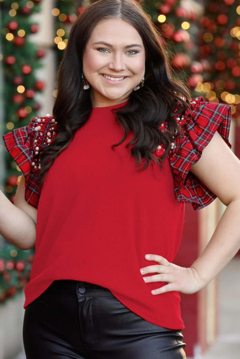 Racing Red Plaid Pearl Ruffled Short Sleeve Knitted Christmas Holiday Plus Size T-shirt