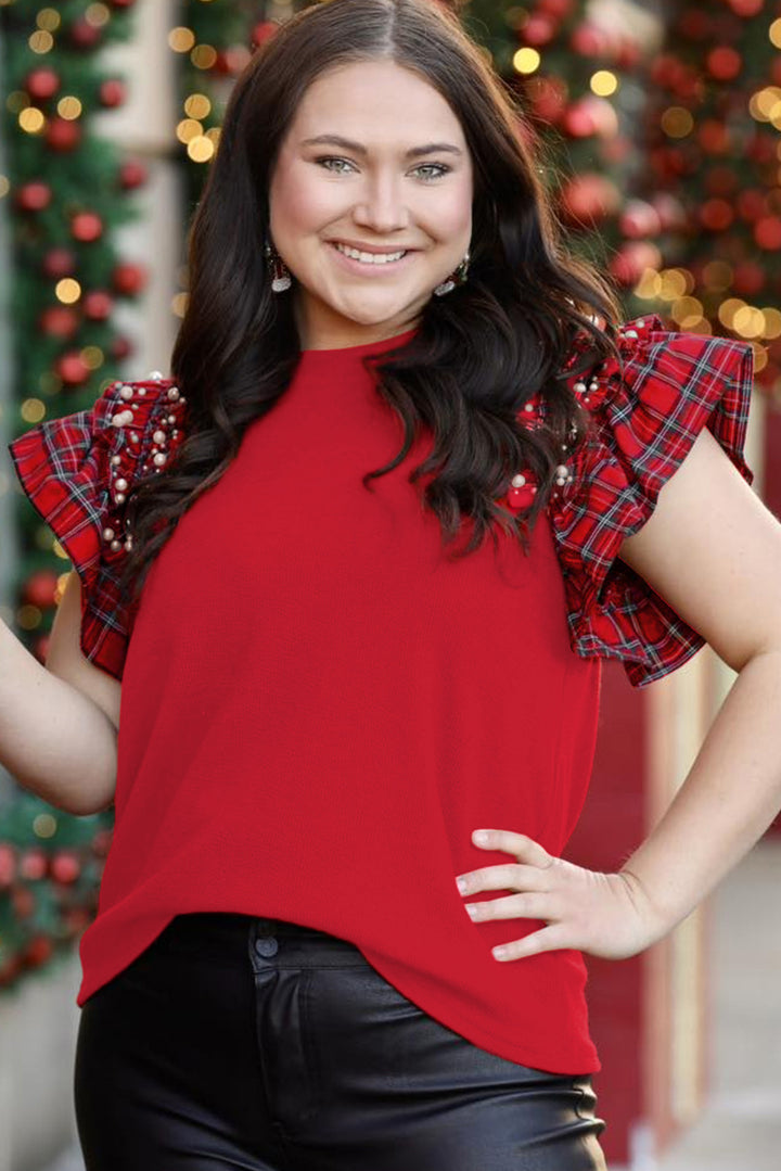 Racing Red Plaid Pearl Ruffled Short Sleeve Knitted Christmas Holiday Plus Size T-shirt
