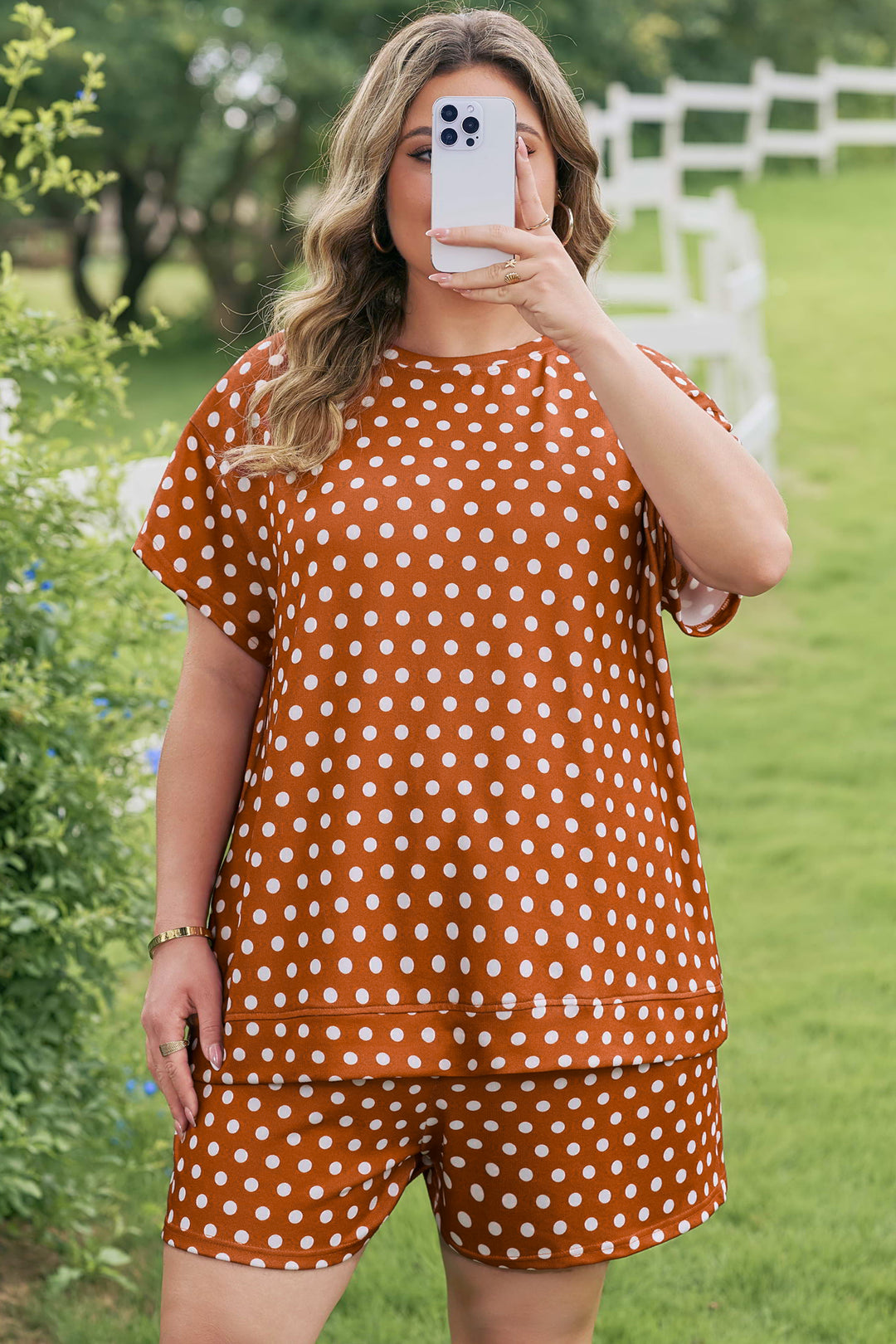 Brown Polka Dot Print Dropped Shoulder Tee Plus Size Short Set