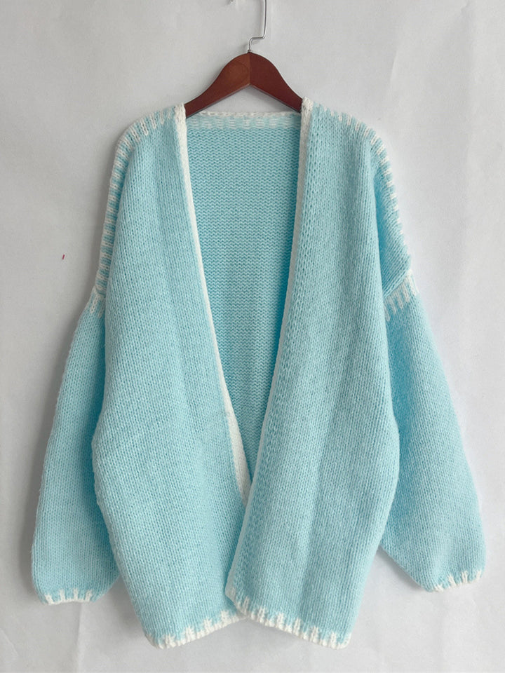 Back To School Sweater - Double Take Contrast Open Front Dropped Shoulder Cardigan
