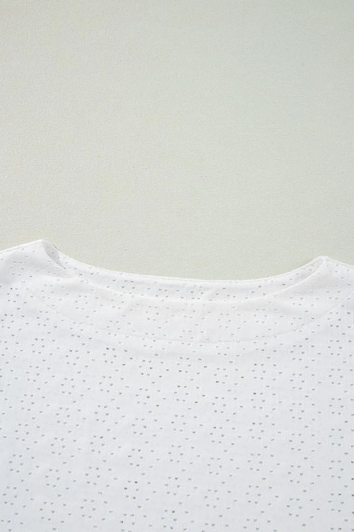 Eyelet Pattern Boat Neck Casual Tee