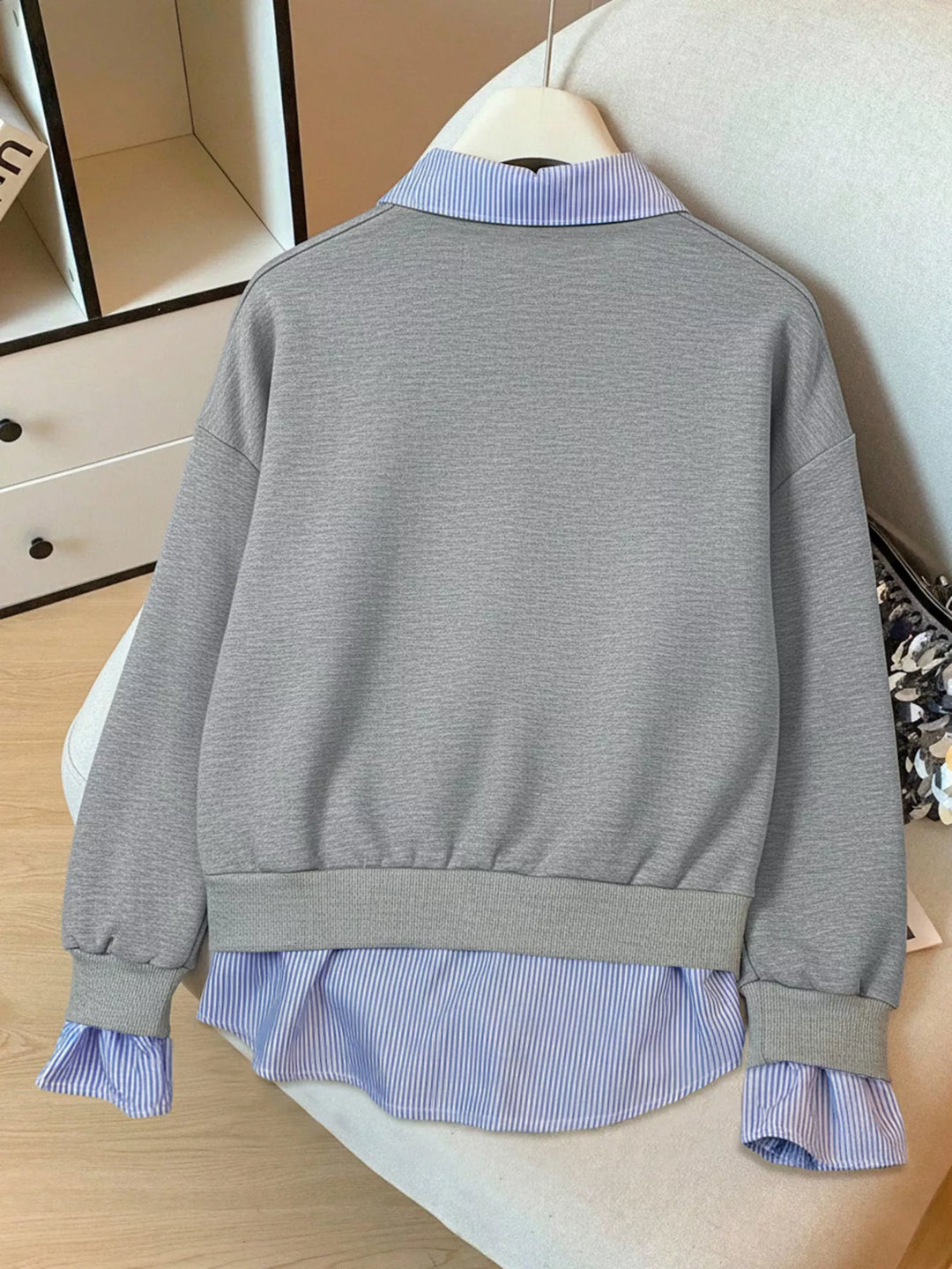 Striped Collar Long Sleeve Fake Two Piece Sweatshirt