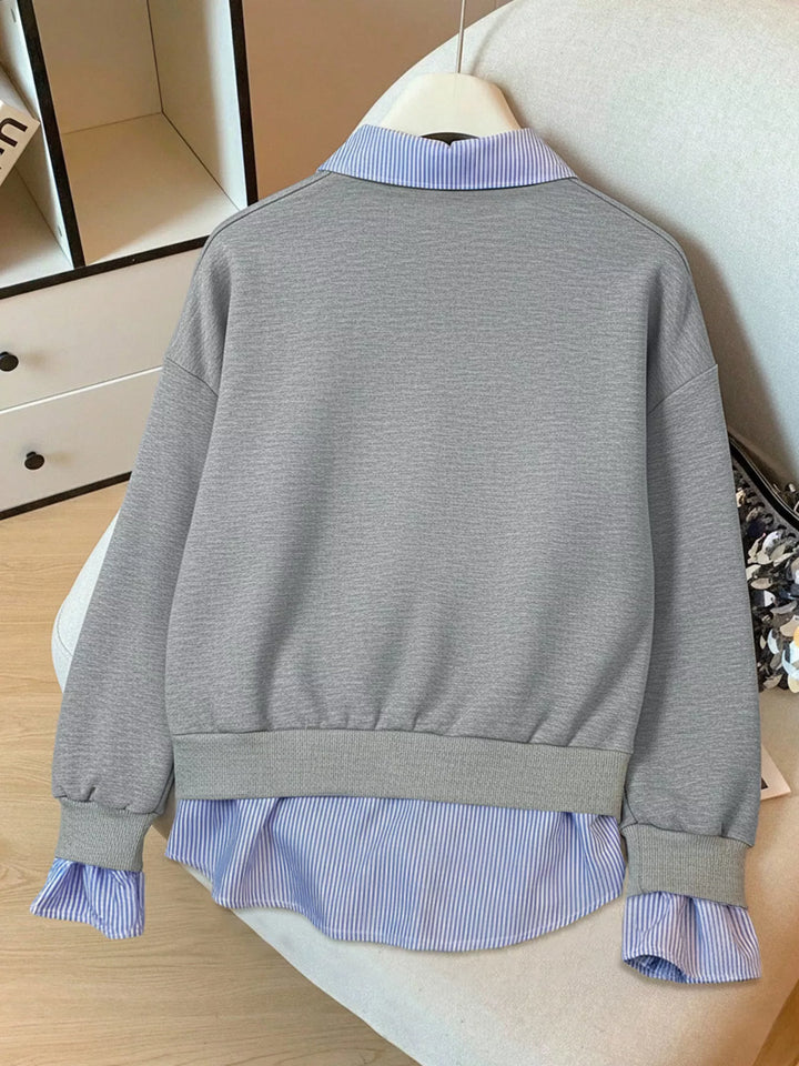 Striped Collar Long Sleeve Fake Two Piece Sweatshirt