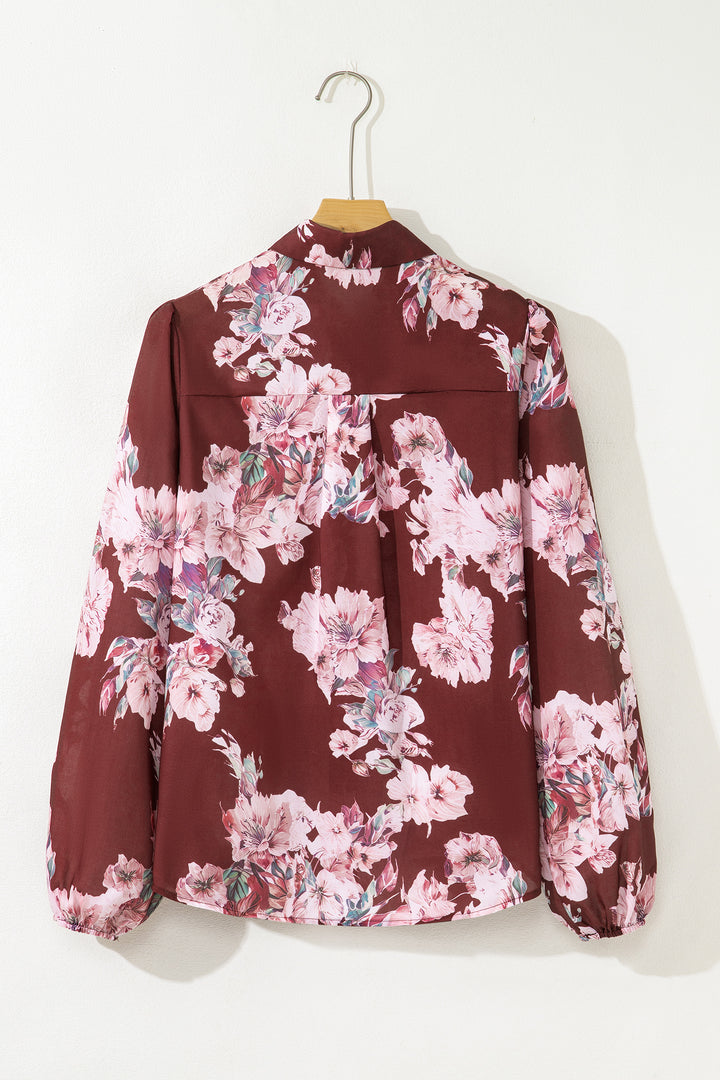 Brown Floral Puff Sleeve Lightweight Shirt