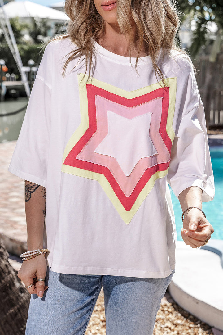 T-shirt oversize à manches mi-longues et patchs étoiles colorblock blanc
