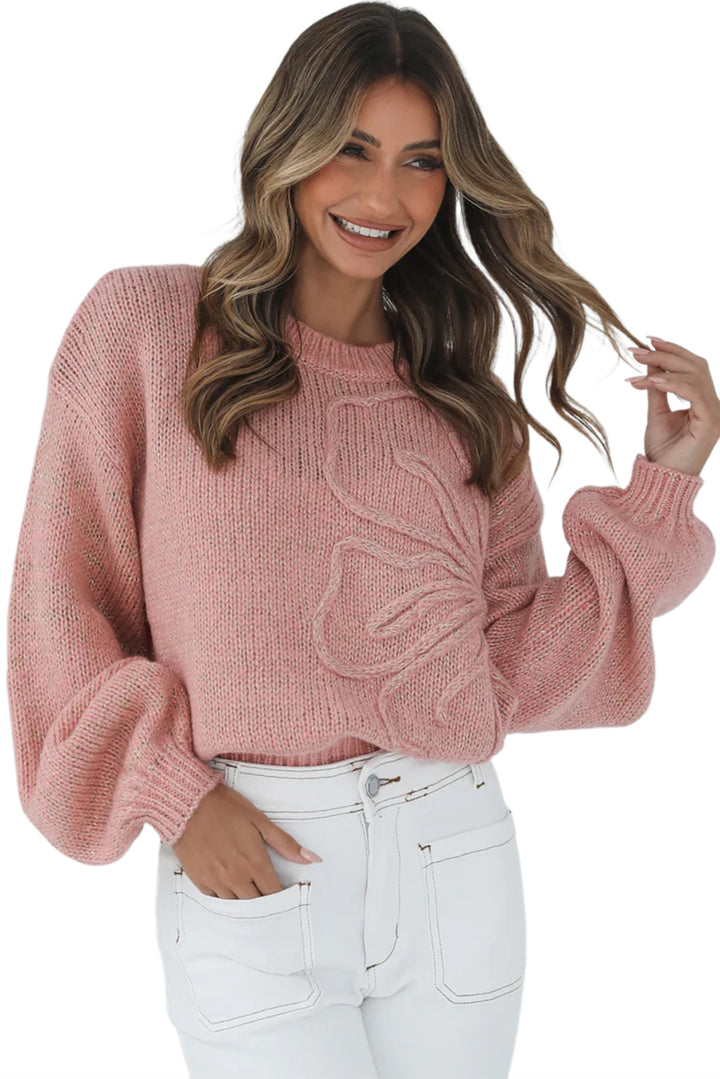 Peach Blossom Big Flower Accent Bubble Sleeve Drop Shoulder Sweater