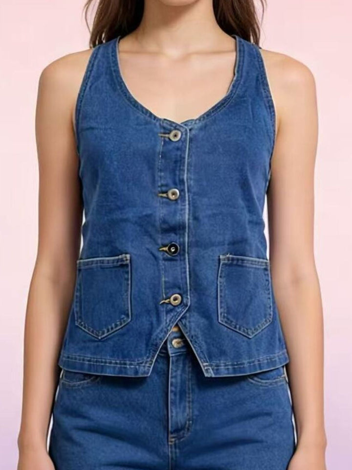 Halter Neck Button-Down Denim Vest