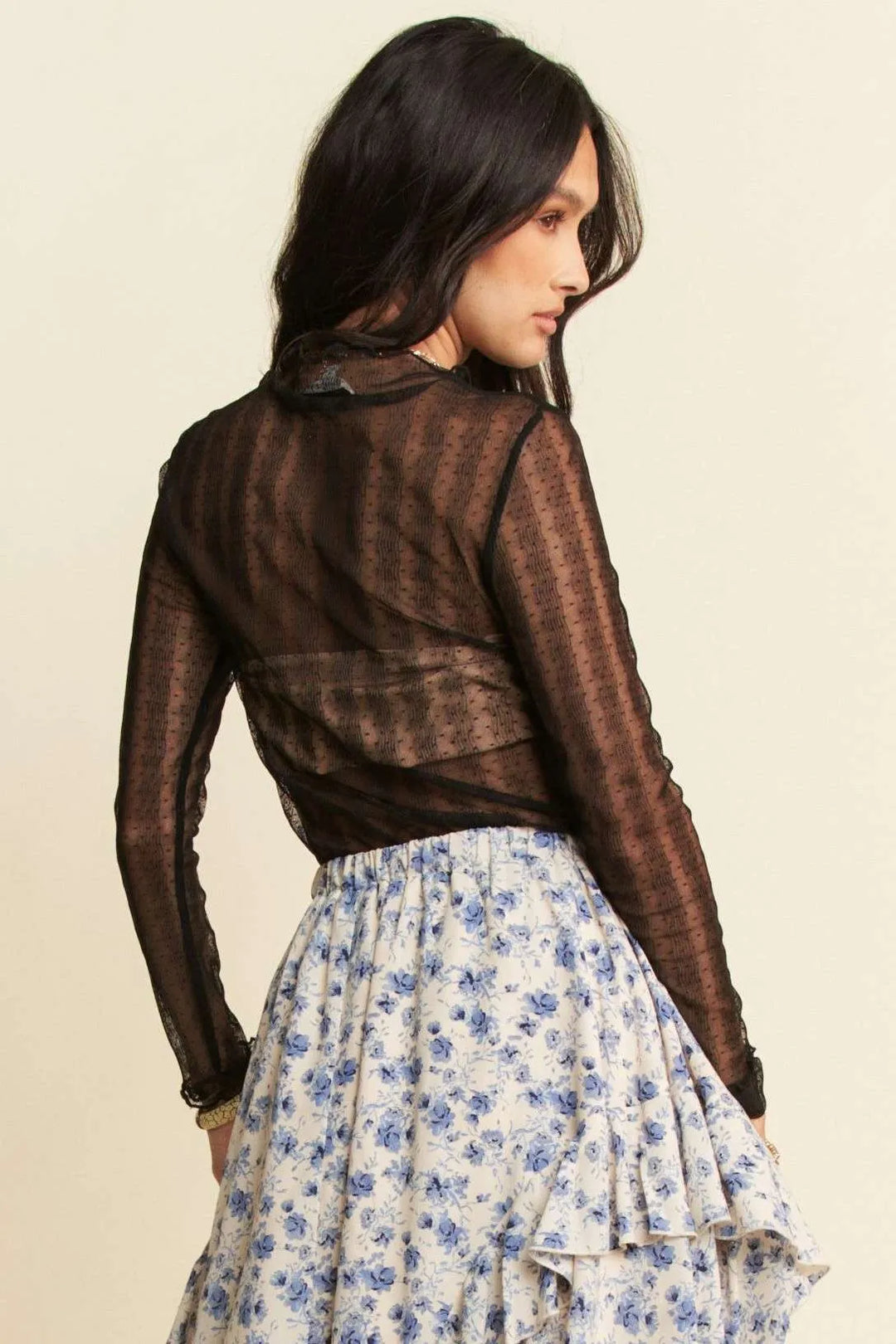 Davi & Dani Turtle Neck Lace Dotted Stretch Mesh Sheer Top