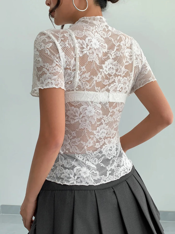 Lace Mock Neck Short Sleeve Top