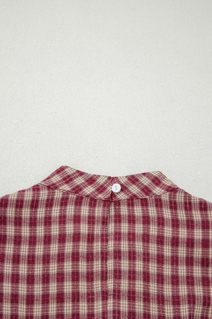 Country Plaid Long Sleeve Button Keyhole Pleated Loose Blouse