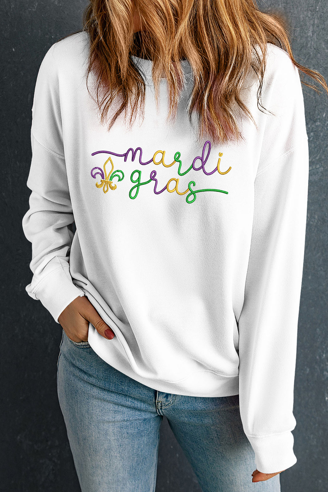 White mardi gras Fleur De Lis Embroidered Graphic Pullover Sweatshirt