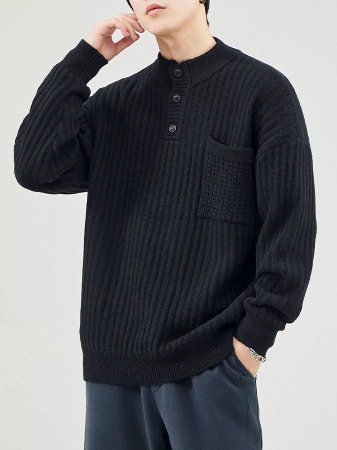 Men's Full Size Button Detail Long Sleeve Sweater Plus Size