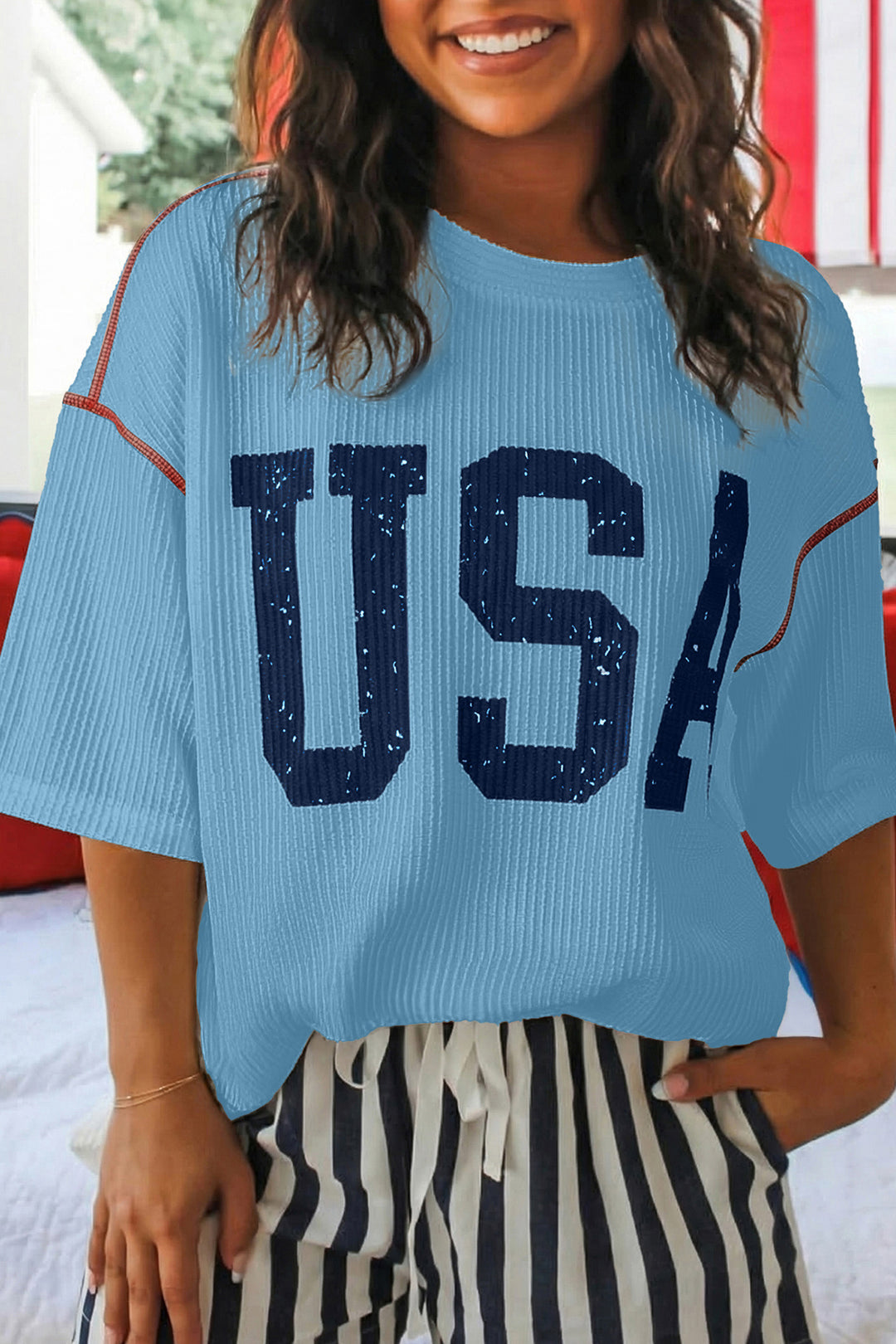 White USA Graphic Half Sleeve Loose Ribbed Top