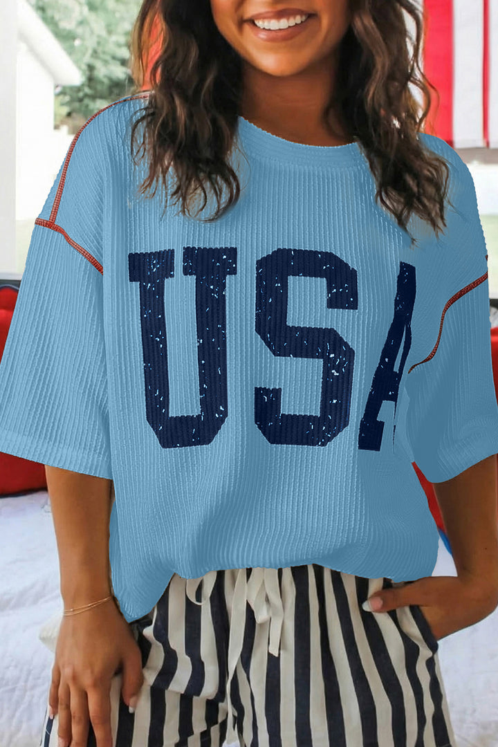 White USA Graphic Half Sleeve Loose Ribbed Top