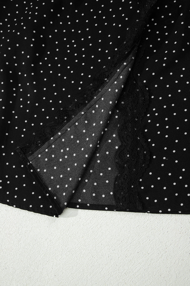 Black Polka Dot Print Lace Trim Wrap Mini Dress