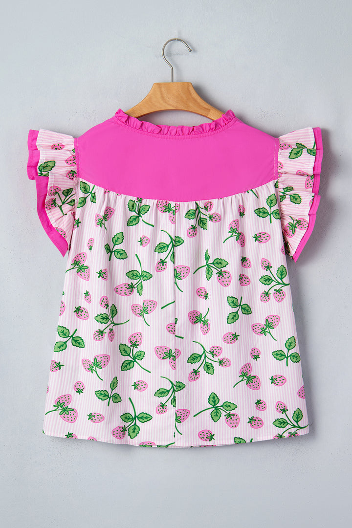 Pink Striped Strawberry Printed Color Block Patchwork V Neck Flutter Sleeve Blouse