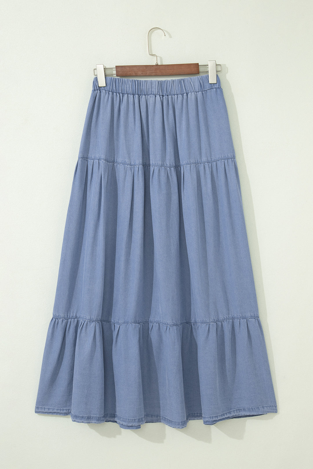 Beau Blue Elastic Waist Ruffled Tiered Flared Denim Maxi Skirt