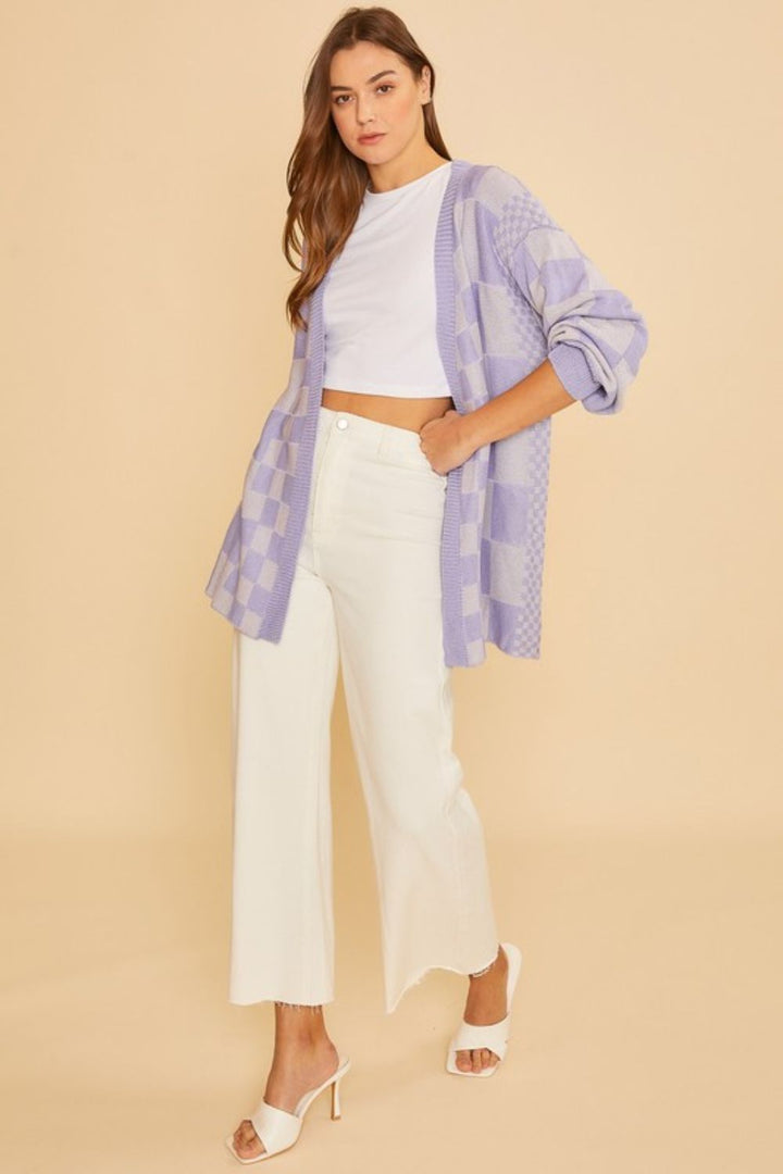 Back To School Sweater - Annie Wear Checkered Open Front Drop Shoulder Cardigan