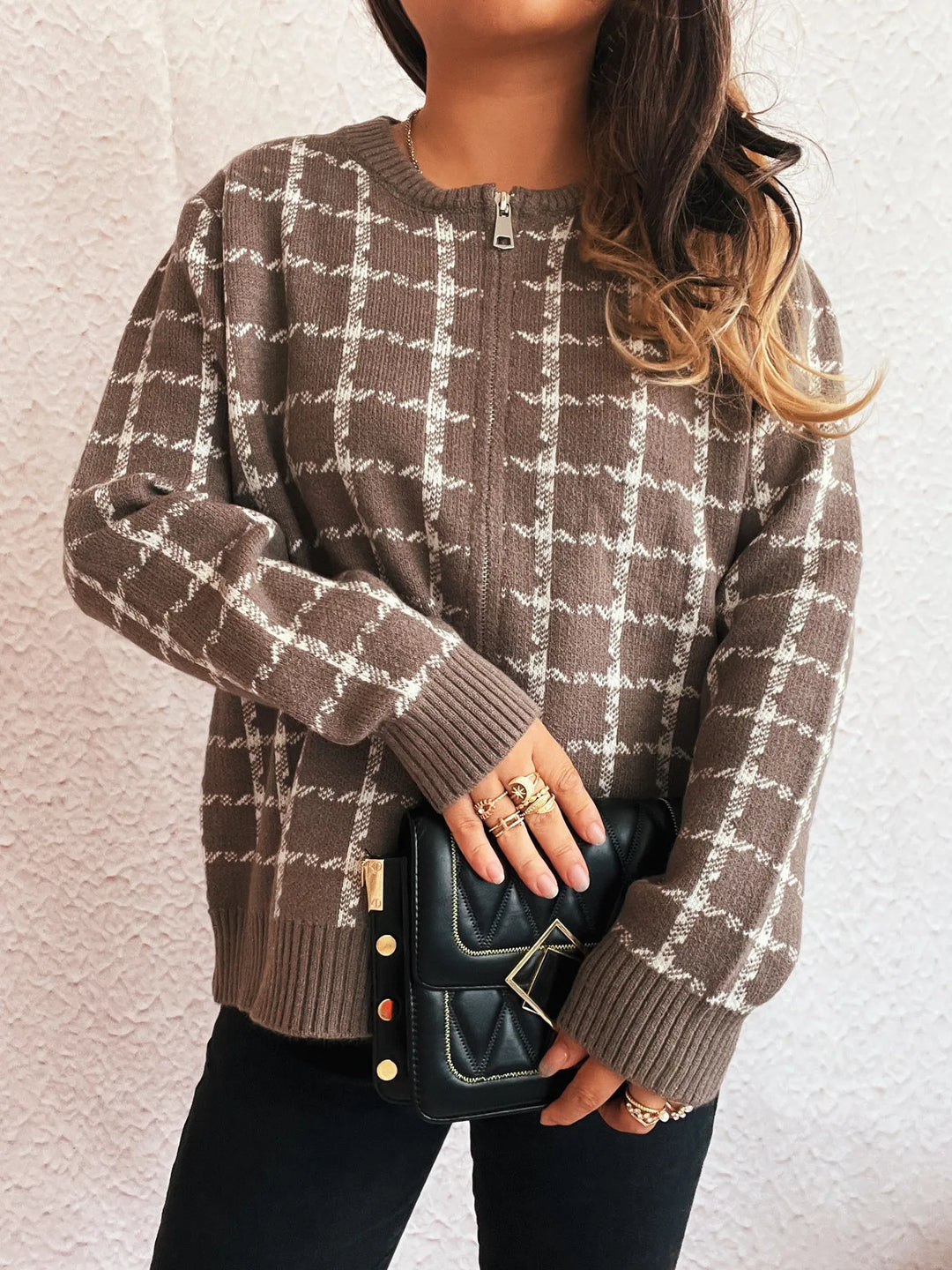 Plaid Pattern Zip Up Cardigan