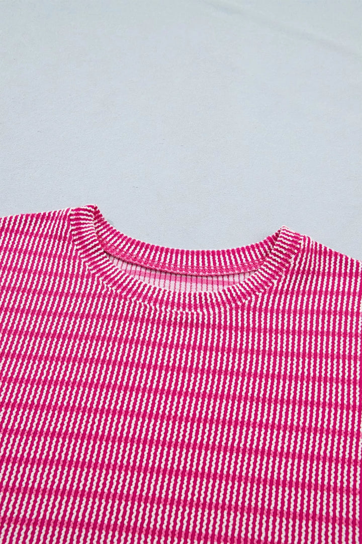 Stripe Raised Rib Loose Tee Drawstring Elastic Waist 2pcs Short Set