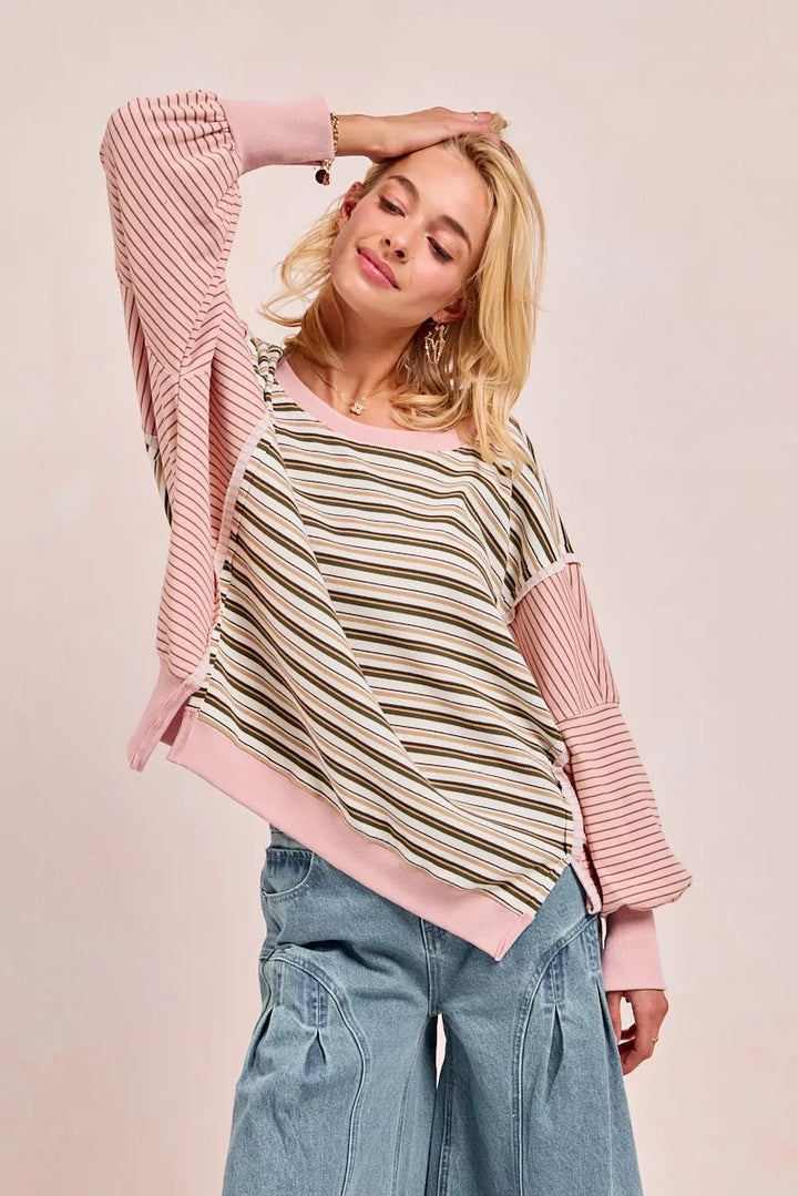BiBi Stripe Mixed Top With Cut Edge And Reverse Outseam
