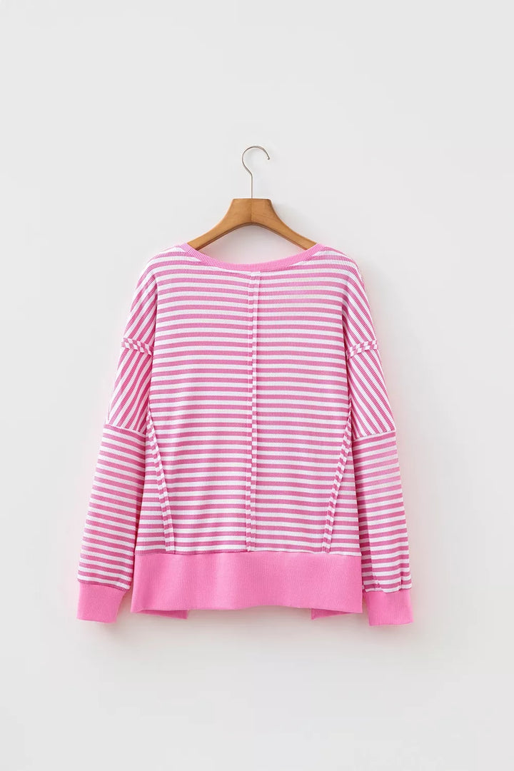 Stripe Textured Knit Color Block Trim Split Hem Long Sleeve Top