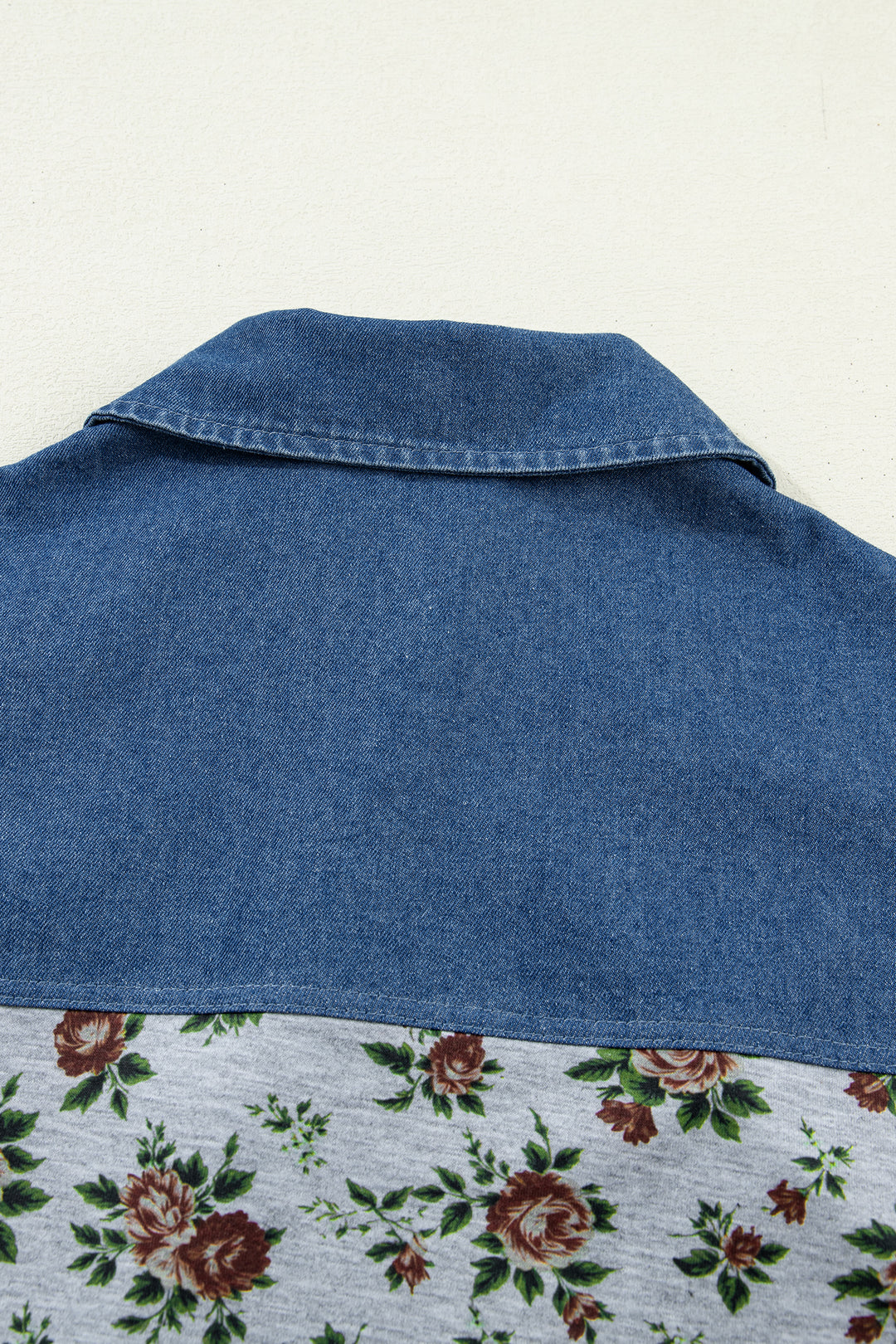 Gray Retro Floral Print Denim Patchwork Buttoned Polo Collar Top
